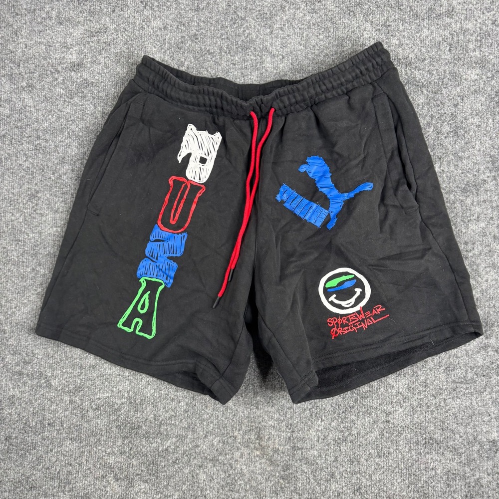 Puma Shorts Mens Size L Black Graphic Sportswear Original Fleece Drawstring